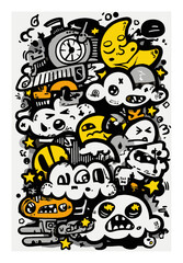 Naklejka premium Colorful Doodle Art with Clouds, Stars, and Abstract Characters