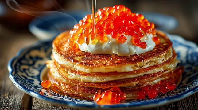 Thin and fluffy pancakes stacked on a ceramic plate. The top pancake is decorated with a spoonful of sour cream, on which the caviar is located.