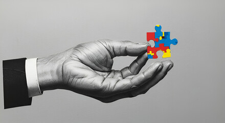 Monochrome hand offers colorful puzzle piece