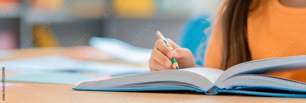 Aufkleber Young student taking notes with a pencil while studying and reading a textbook in the school library, diligently preparing for an upcoming test or exam