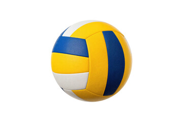 Fototapeta premium A single volleyball with blue yellow and white panels is displayed against a solid black backdrop isolate