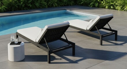 Fototapeta premium Two lounge chairs by a pool with a table holding a water bottle and glass in a backyard setting
