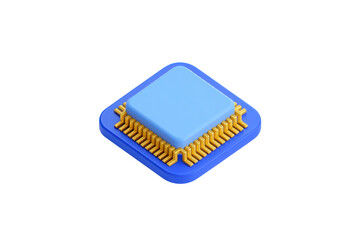 Stylized computer chip with gold pins in a blue socket Digital artwork of a processor unit Isometric view of the
