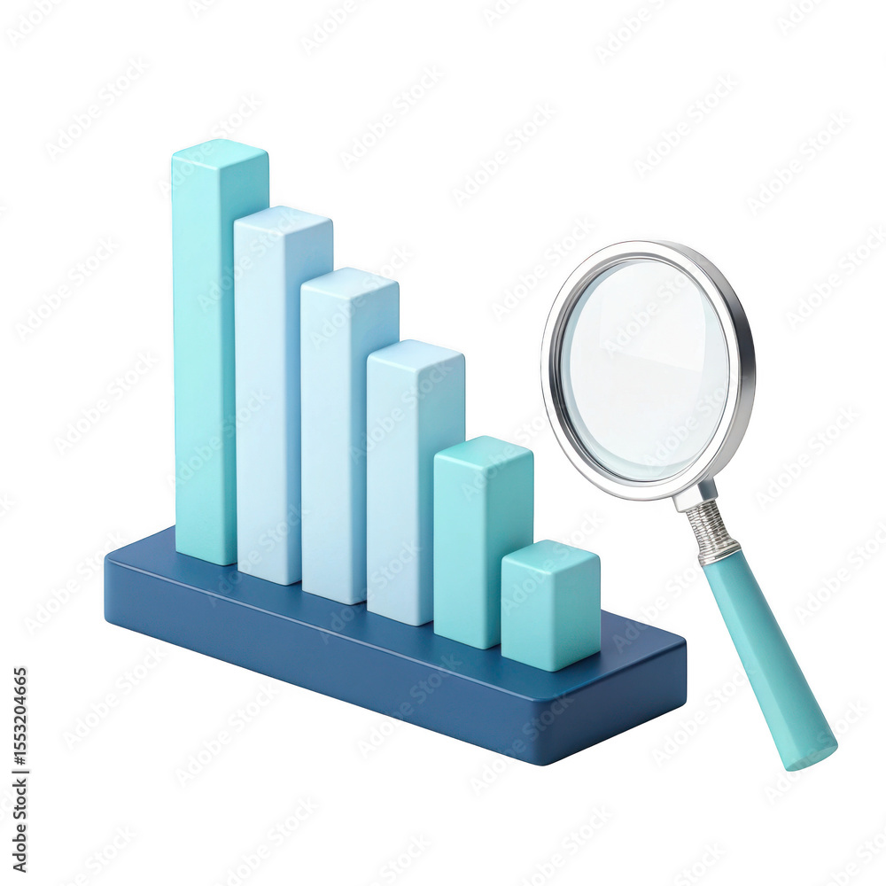 Poster 3d bar graph with magnifying glass isolated on transparent background