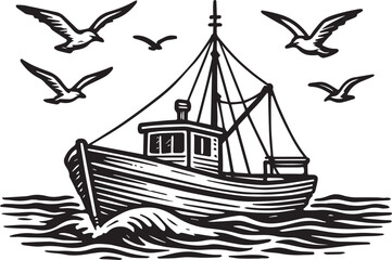 fishing boat hand drawn vector illustration