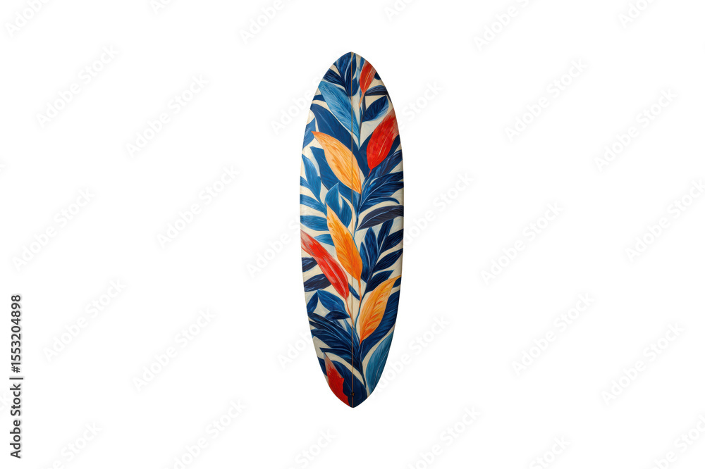Aufkleber surfboard with blue orange and red leaf pattern stands vertically against a transparent background i
