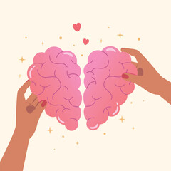 Heart in hands, empathy or social skill and self control. Connect heart feeling with brain.