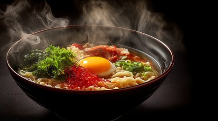 Japanese soup ramen in bowl on dark background. Commercial promotional food photo .