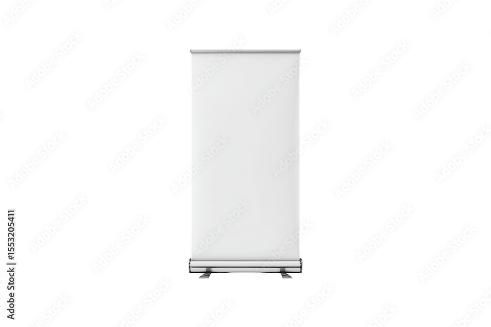 Aufkleber blank roll up banner stand with a white surface displayed on a transparent background and a metallic