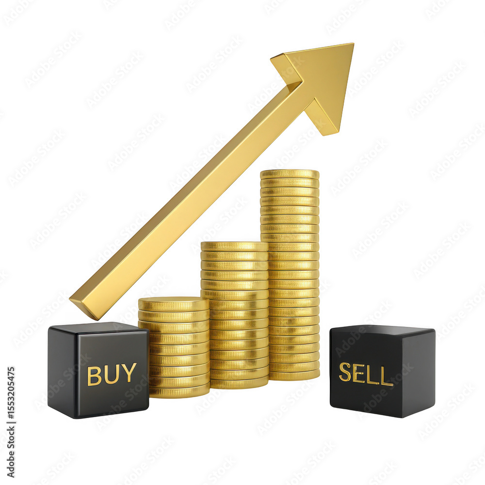 Poster 3d golden coins stack with upward arrow isolated on transparent background