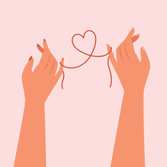 Hands of couple in love. Red thread of fate tied little fingers concept. Valentine's Day illustrations.