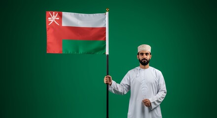 Proud Omani Man Holding National Flag