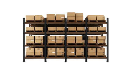 Brown cardboard boxes fill a warehouse rack, showcasing storage and organization in a distribution center against a dark backdrop, transparent background