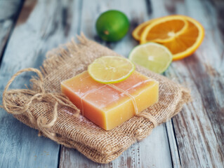Natural Citrus Soap on Rustic Wooden Background