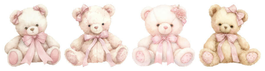 Obraz na płótnie Canvas PNG Four cute teddy bears with pink bows and soft fur element set on transparent background.
