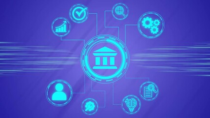 Digital network showing banking technology icons connected in animation background .Digital bank icon with holographic interface and financial data - Powered by Adobe