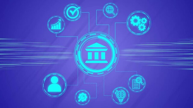 Digital network showing banking technology icons connected in animation background .Digital bank icon with holographic interface and financial data - Powered by Adobe