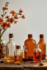create an image featuring old pharmacy bottles in a setting that conveys nostalgia and warmth, use sunset orange tones to add depth and contrast