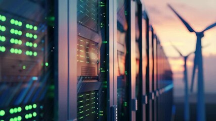 Renewable energy integration: monitoring data centers with wind turbine power in sunset - Powered by Adobe