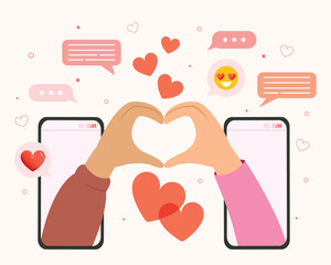 Dating phone app concept, Couple match in online application on smartphone. Mobile with pushing button on a interface.