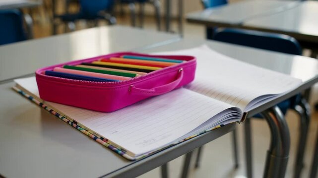 A Colorful Pencil Case Along with Notebooks Located on a Classroom Desk During Learning Activities