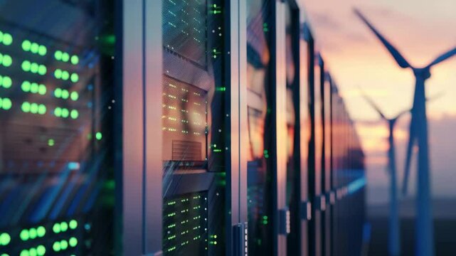 Renewable energy integration: monitoring data centers with wind turbine power in sunset - Powered by Adobe