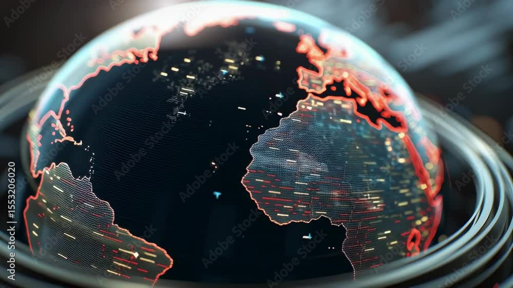 Poster close-up of spinning digital globe on touchscreen with detailed map projection and colors