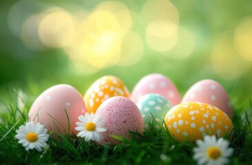 Fototapeta premium Colorful pastel Easter eggs with speckled patterns nestled in green grass surrounded by white daisies under warm soft sunlight