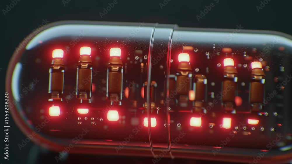 Poster close-up of a smart pill with microchip and blinking led status indicators