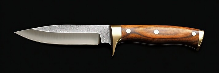 Elegant fixed blade knife with detailed patterned steel blade, brass guard, and polished wooden handle with metal rivets on black background