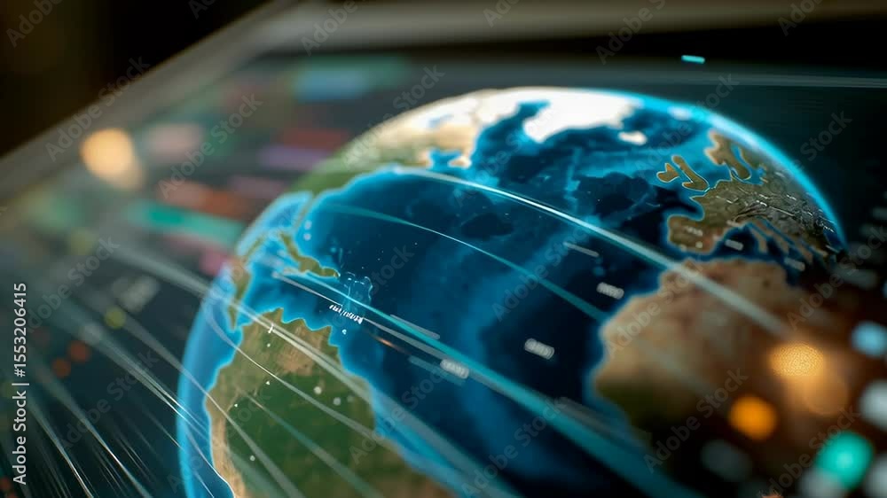 Poster close up of spinning digital globe on touchscreen with data visualization background