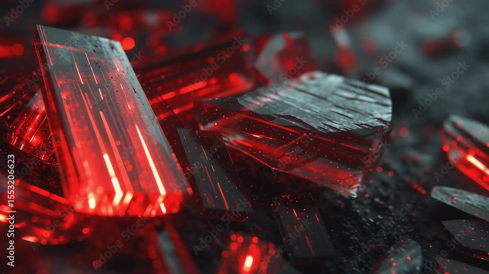 Poster glowing red nanochip shards close up on reflective surface in dark environment