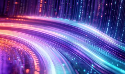 Fototapeta premium Abstract glowing curved lines in vibrant purple, blue, and orange colors creating dynamic light trails and a sense of futuristic motion