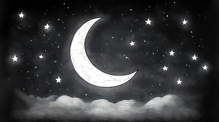 Naklejka premium Black and white artistic night sky with a crescent moon, shining stars, and soft clouds creating a peaceful and serene atmosphere