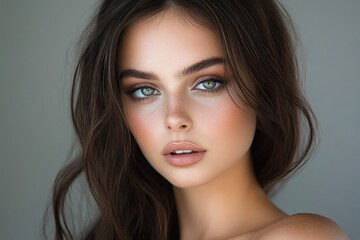 Naklejka premium close-up portrait of a young woman with striking blue eyes, natural makeup, soft freckles, and long brown hair against a neutral background expressing calm confidence