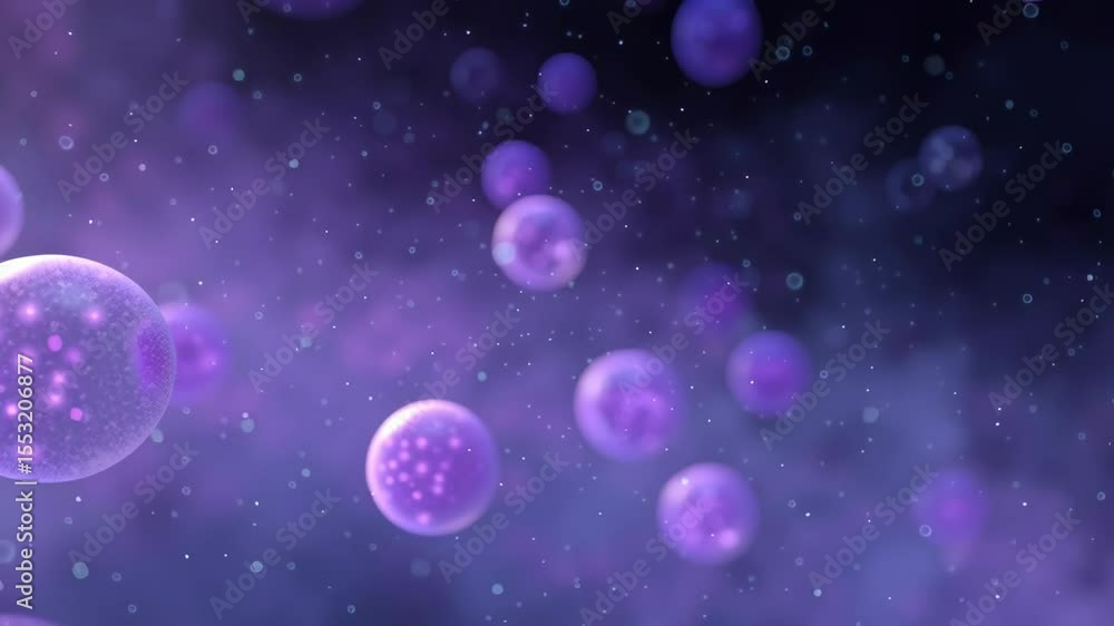 Poster close-up of pulsating spheres in deep purple fog with mystical glow and ethereal ambiance