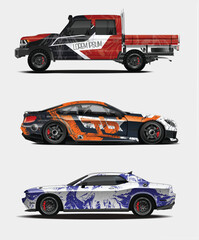 Three Vehicles with Custom Graphics Truck Sports Car and Muscle Car