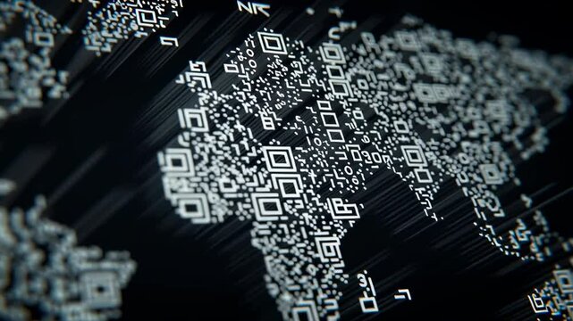 Close-Up View of QR Code Linking Global Nodes on Digital World Map