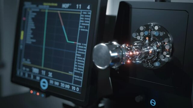 Close-up View of a Glowing Mass Spectrometer Interface with Detailed Components and Elements