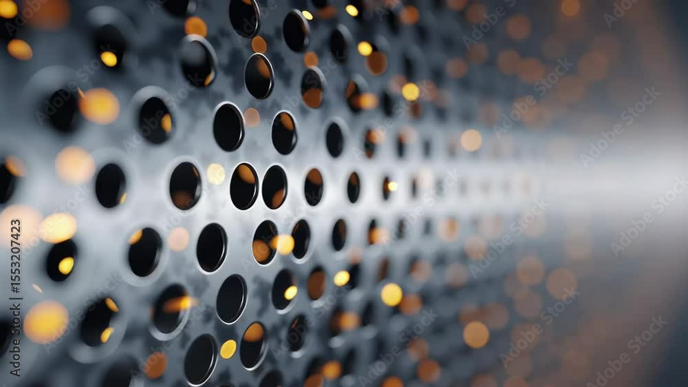 Poster close-up of metallic grid with flickering led points illuminating background features