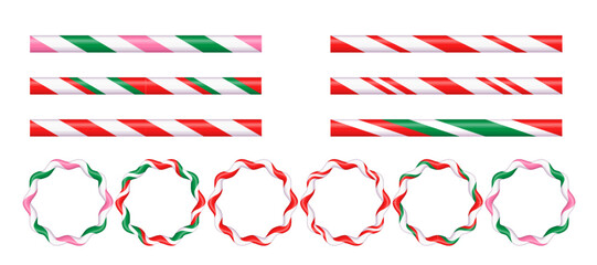 Set of brushes for Christmas striped candy canes figure frames . Drawing of striped Christmas candy canes . Vector illustration isolated on white background