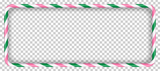 Christmas rectangular frame in the form of Christmas candy canes, horizontal direction, conditionally transparent white-gray background. Vector isolated illustration.