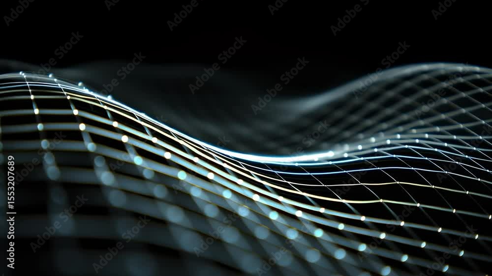 Poster close-up of luminescent wave grid on black background with dynamic light patterns