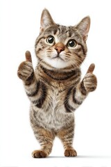 Obraz premium a cute, photorealistic tabby cat with big eyes, smiling directly at the camera, standing on hind legs and giving two thumbs up, white background