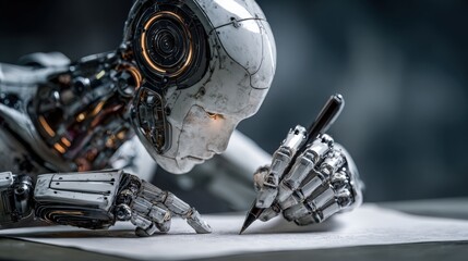 Robot designer intensely writing notes with one hand, the other on keyboard, construction robot in glowing station.