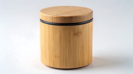 A cylindrical bamboo container with a wooden lid is isolated on white background