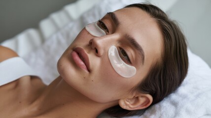 Young caucasian female relaxing with under-eye patches for skincare