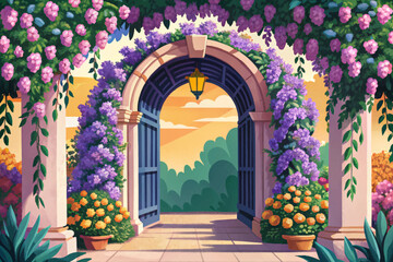Fototapeta premium Romantic garden archway adorned with blooming vines and flowers vector, ideal for wedding themes, romantic settings, springtime, and botanical elegance