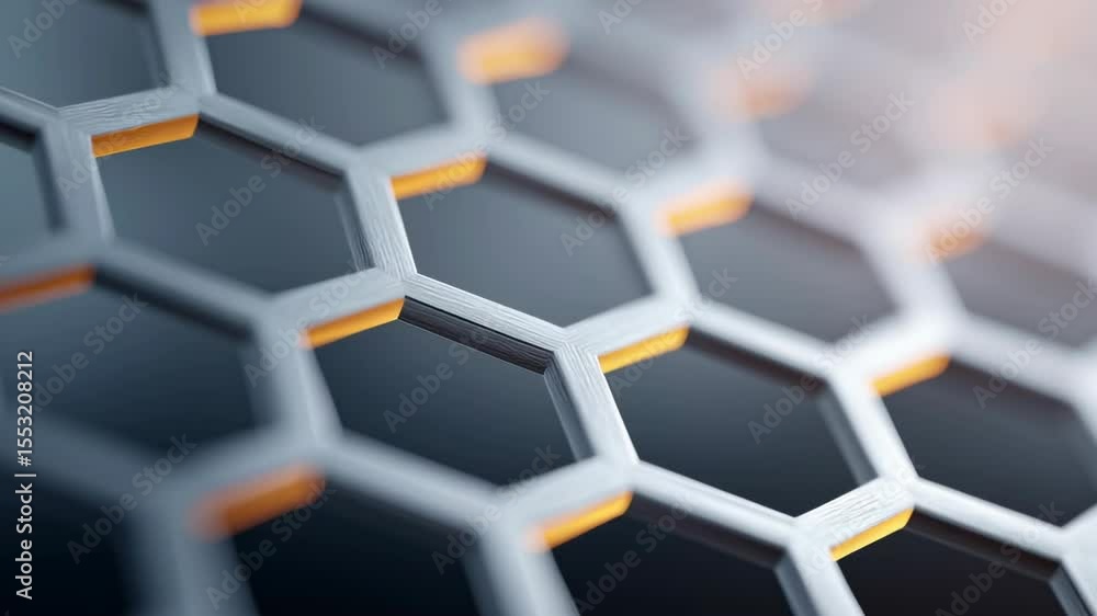 Poster close-up view of hexagonal network nodes on metallic surface with soft background lighting