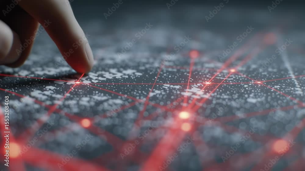Poster Close Up of a Hand Swiping Through a Glowing Network Map displaying Interconnected Data Points